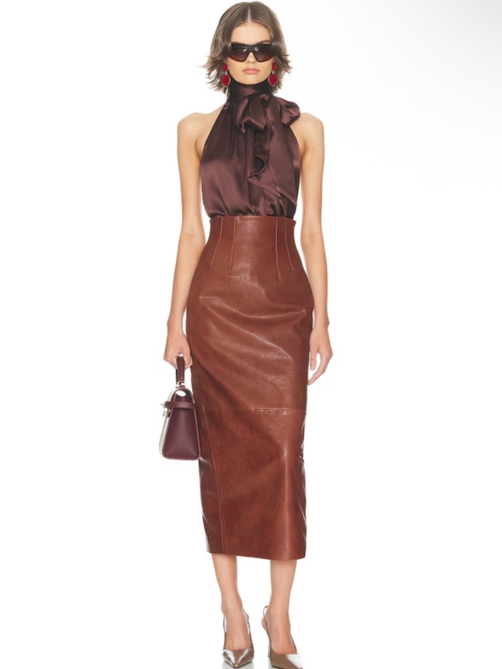 NWOT The Svelte Leather Midi Skirt in Cognac